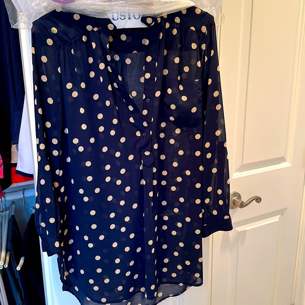 Navy semi-sheer polka dot blouse